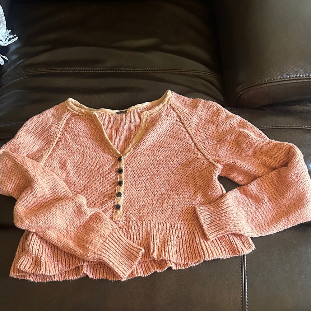Free People Coral V-Neck Button-Up Sweater
